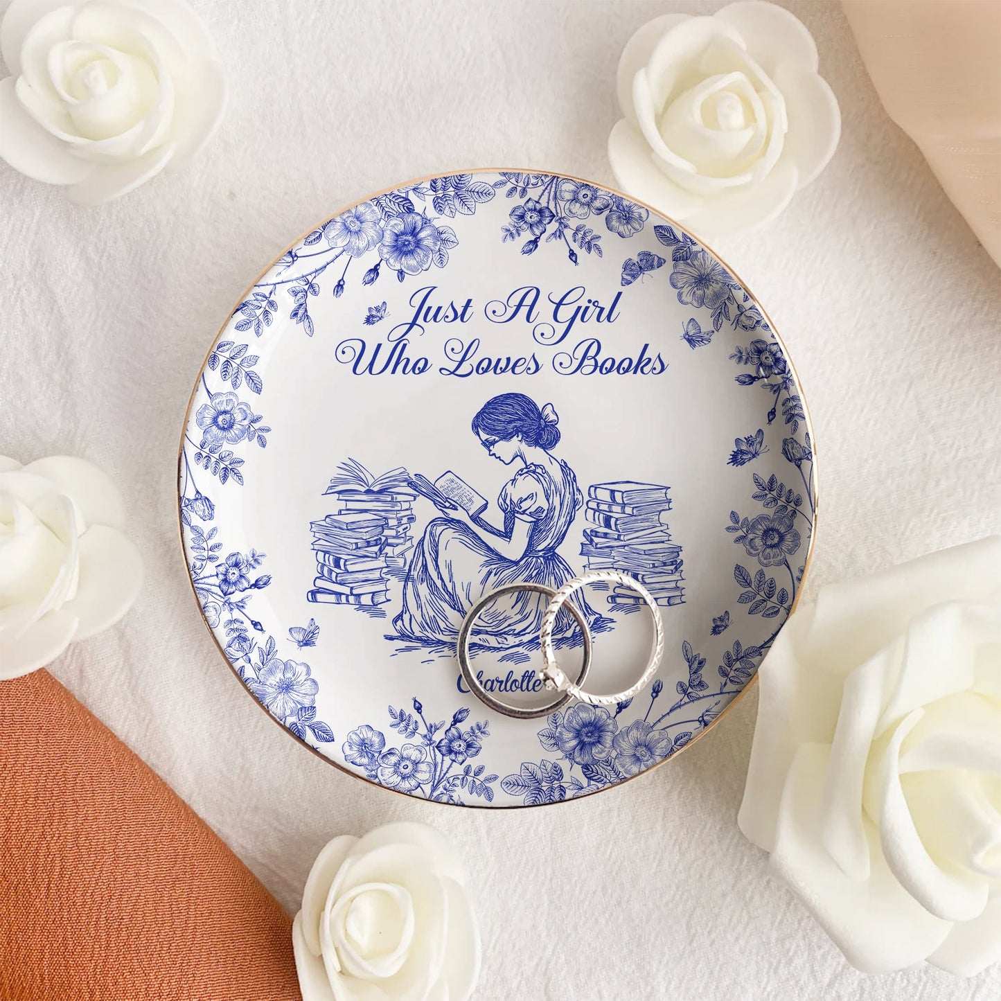 A Girl Who Loves Books Chinoiserie Toile De Jouy - Personalized Jewelry Dish Christmas Gift For Daughter
