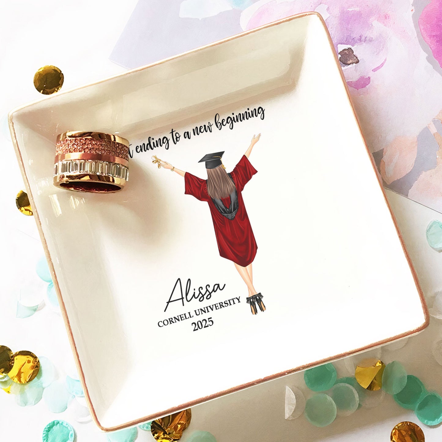 A Sweet Ending To A New Beginning - Personalized Jewelry Dish - Graduation Gift