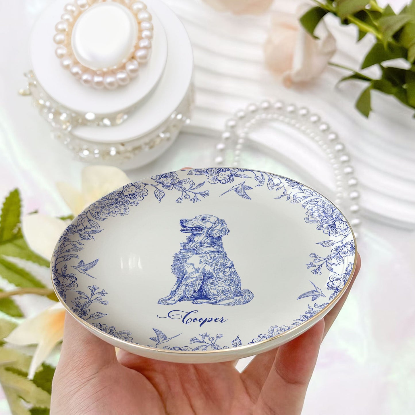 Dog Custom Breeds Chinoiserie Toile De Jouy - Personalized Jewelry Dish