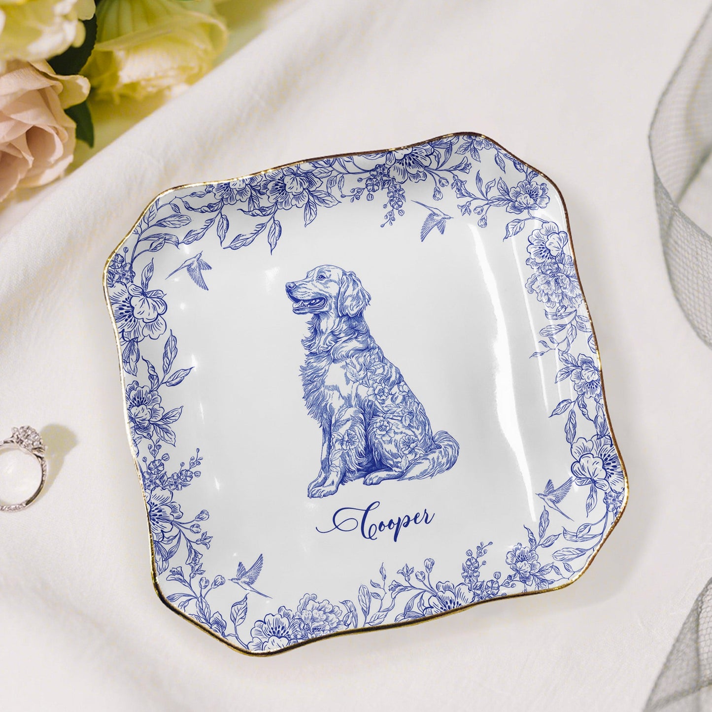 Dog Lover Gift Dog Breeds Chinoiserie Toile De Jouy Style - Personalized Jewelry Dish