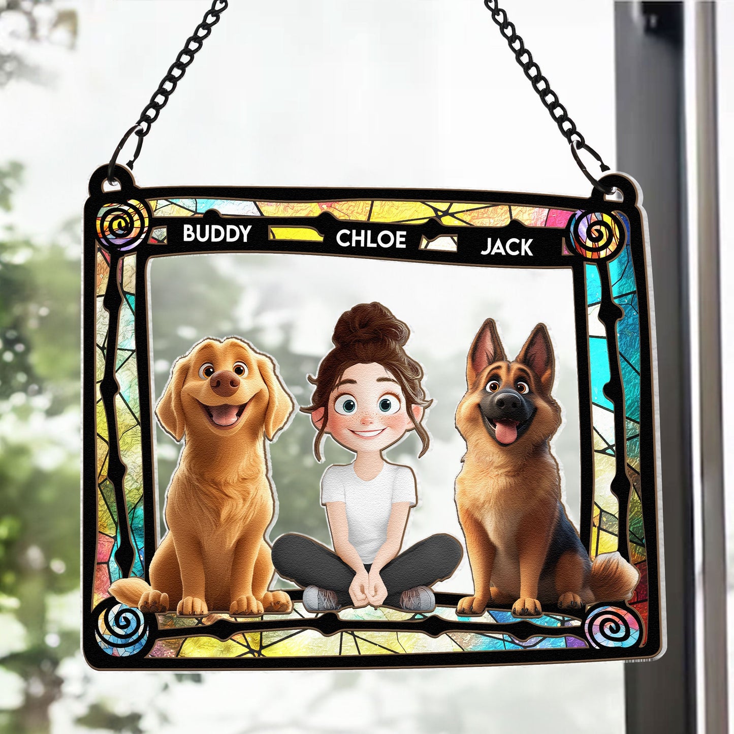 Dog Mom & Her Dogs - Personalized Window Hanging Suncatcher Ornament