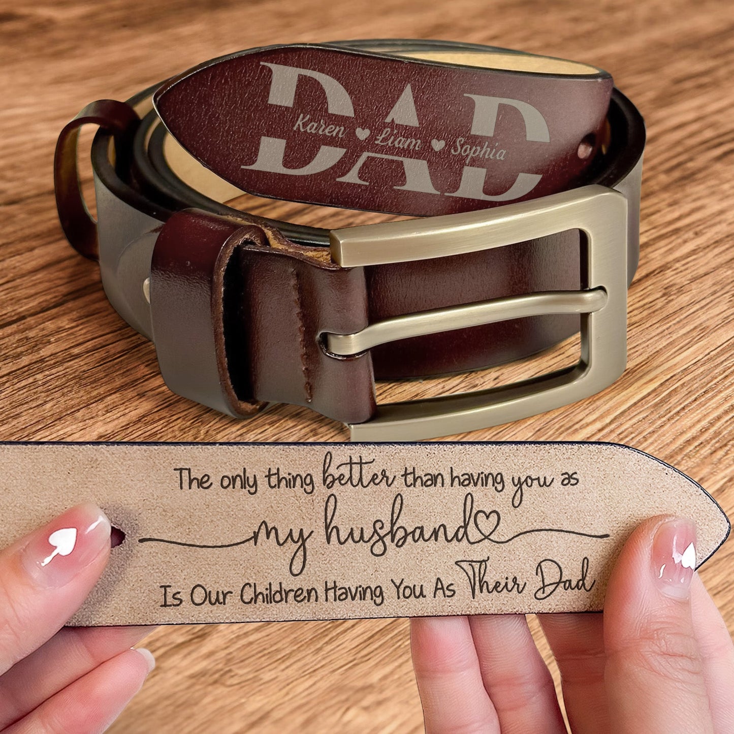 Father's Day Gifts From Wife - Having You As A Dad - Personalized Engraved Leather Belt