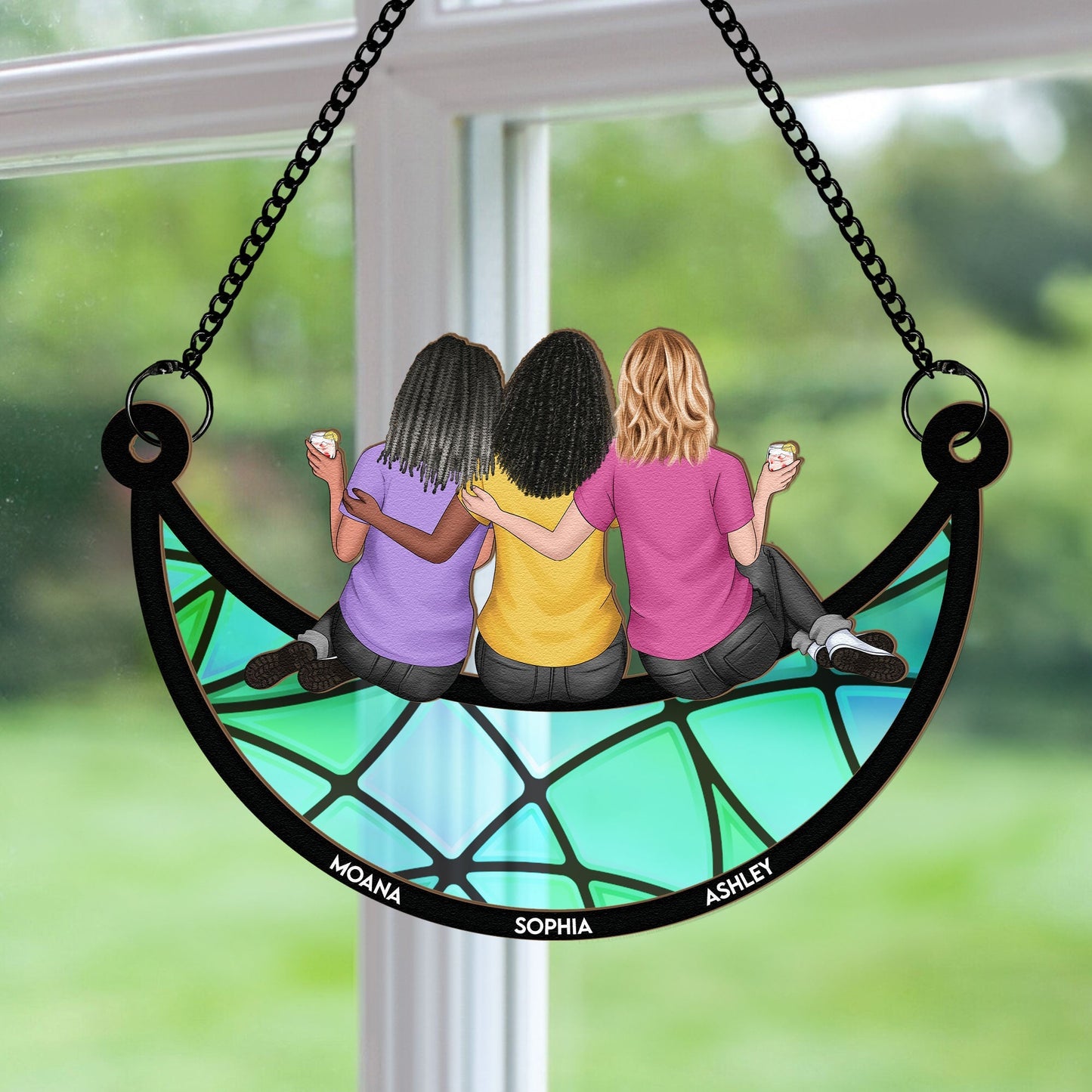 Friends, Sisters Sitting On The Moon - Personalized Window Hanging Suncatcher Ornament - Gifts For Women Christmas Gift For Friend