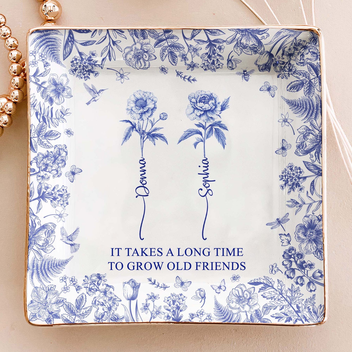 It Takes A Long Time To Grow An Old Friend, Bestie Toile De Jouy - Personalized Jewelry Dish Christmas Gift For Friend