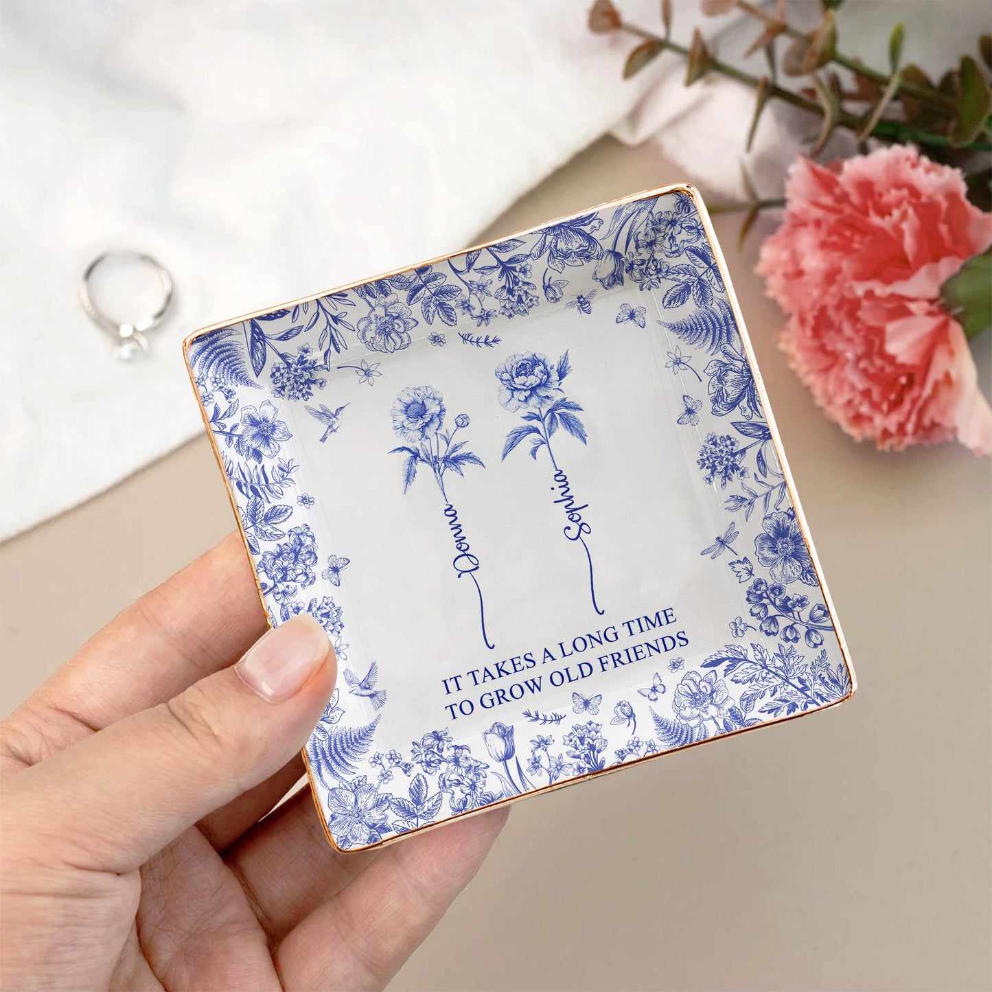 It Takes A Long Time To Grow An Old Friend, Bestie Toile De Jouy - Personalized Jewelry Dish Christmas Gift For Friend