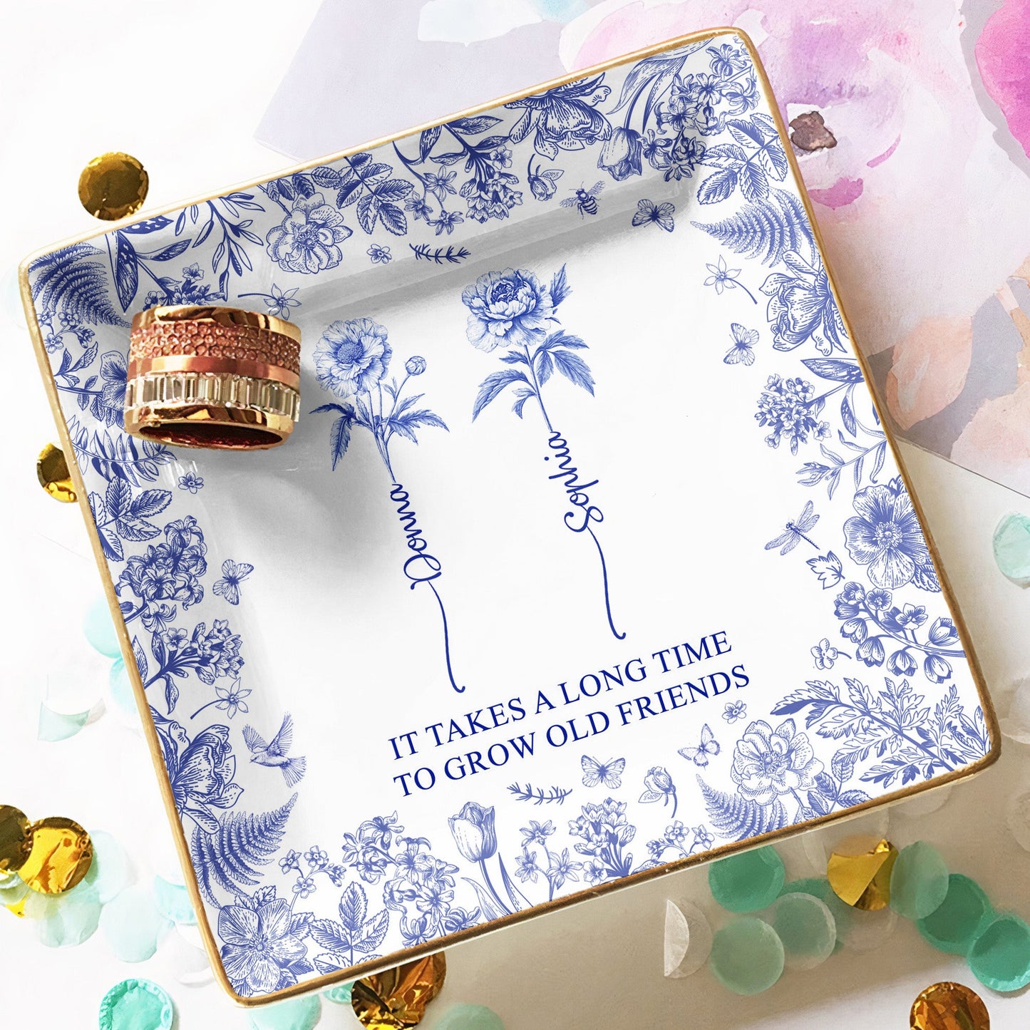It Takes A Long Time To Grow An Old Friend, Bestie Toile De Jouy - Personalized Jewelry Dish Christmas Gift For Friend