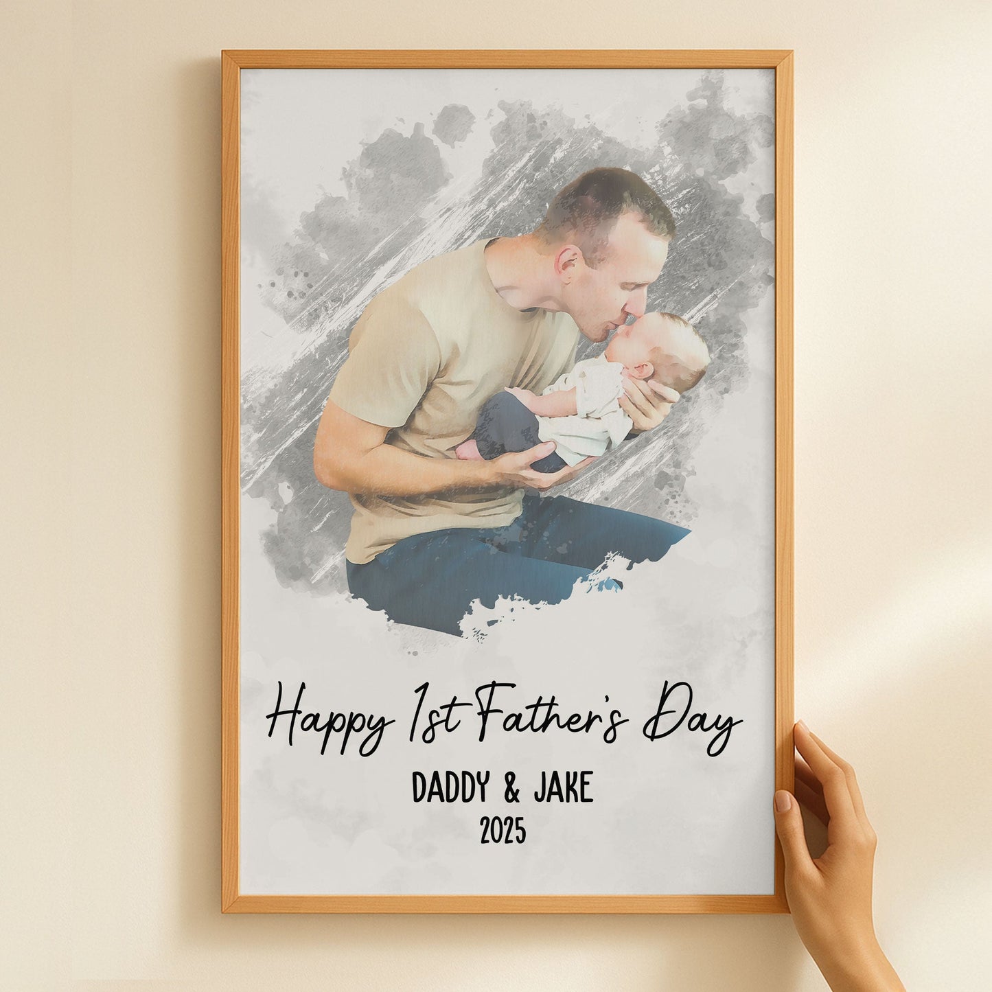 Watercolor Style Happy 1st Father's Day - Personalized Photo Poster/Canvas