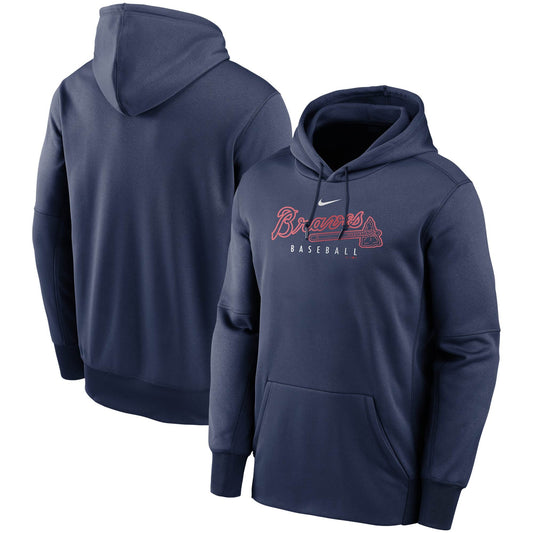 Atlanta Braves Navy Outline Wordmark Fleece Performance Pullover Hoodie