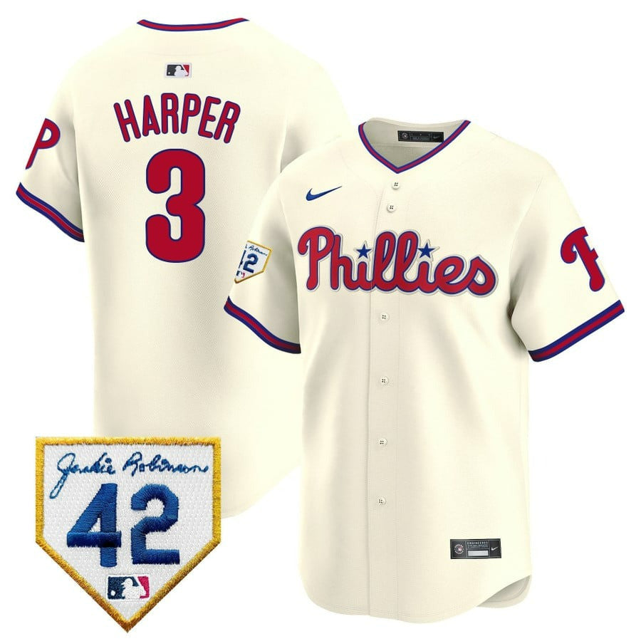 Bryce Harper Philadelphia Phillies Cream 2024 Jackie Robinson Patch Men Jersey
