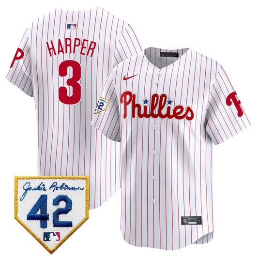 Bryce Harper Philadelphia Phillies White 2024 Jackie Robinson Patch Men Jersey