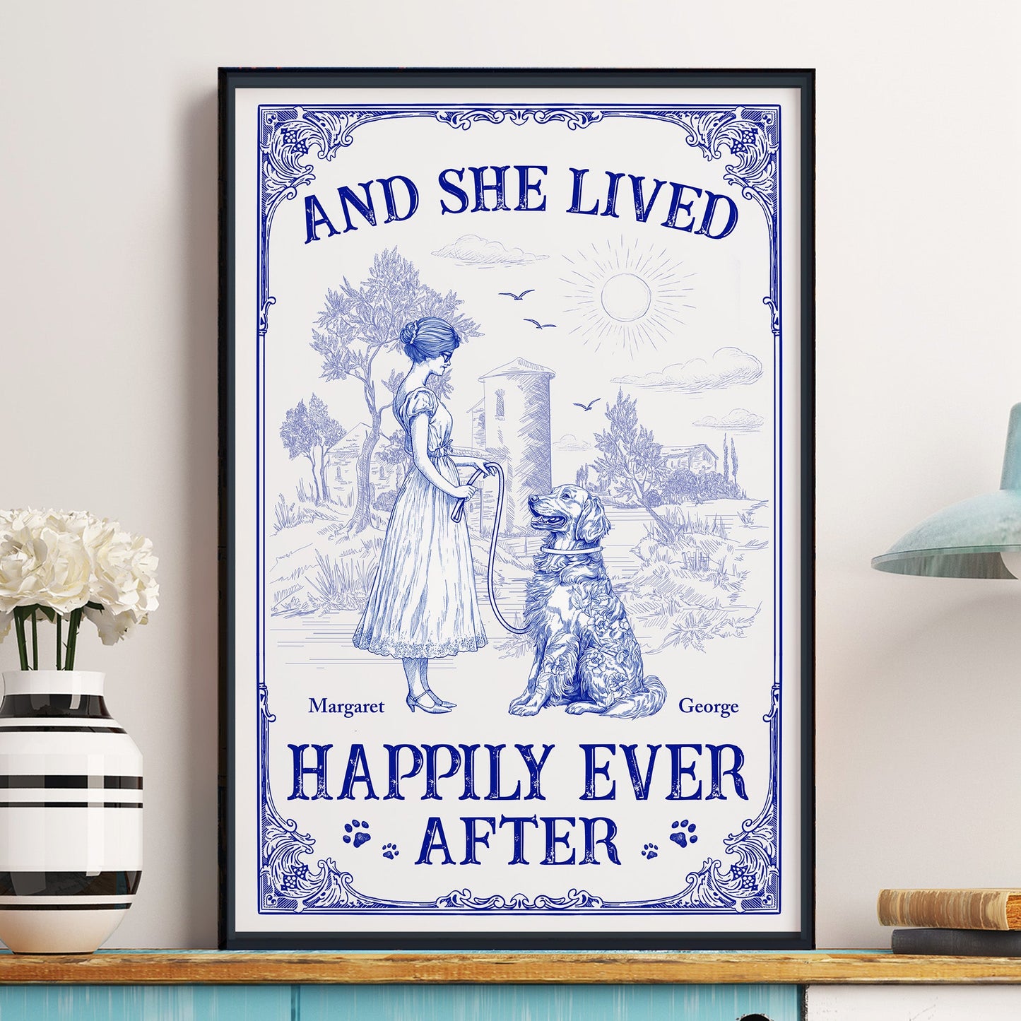 And She Lived Happily Ever After Dog Toile De Jouy - Personalized Poster
