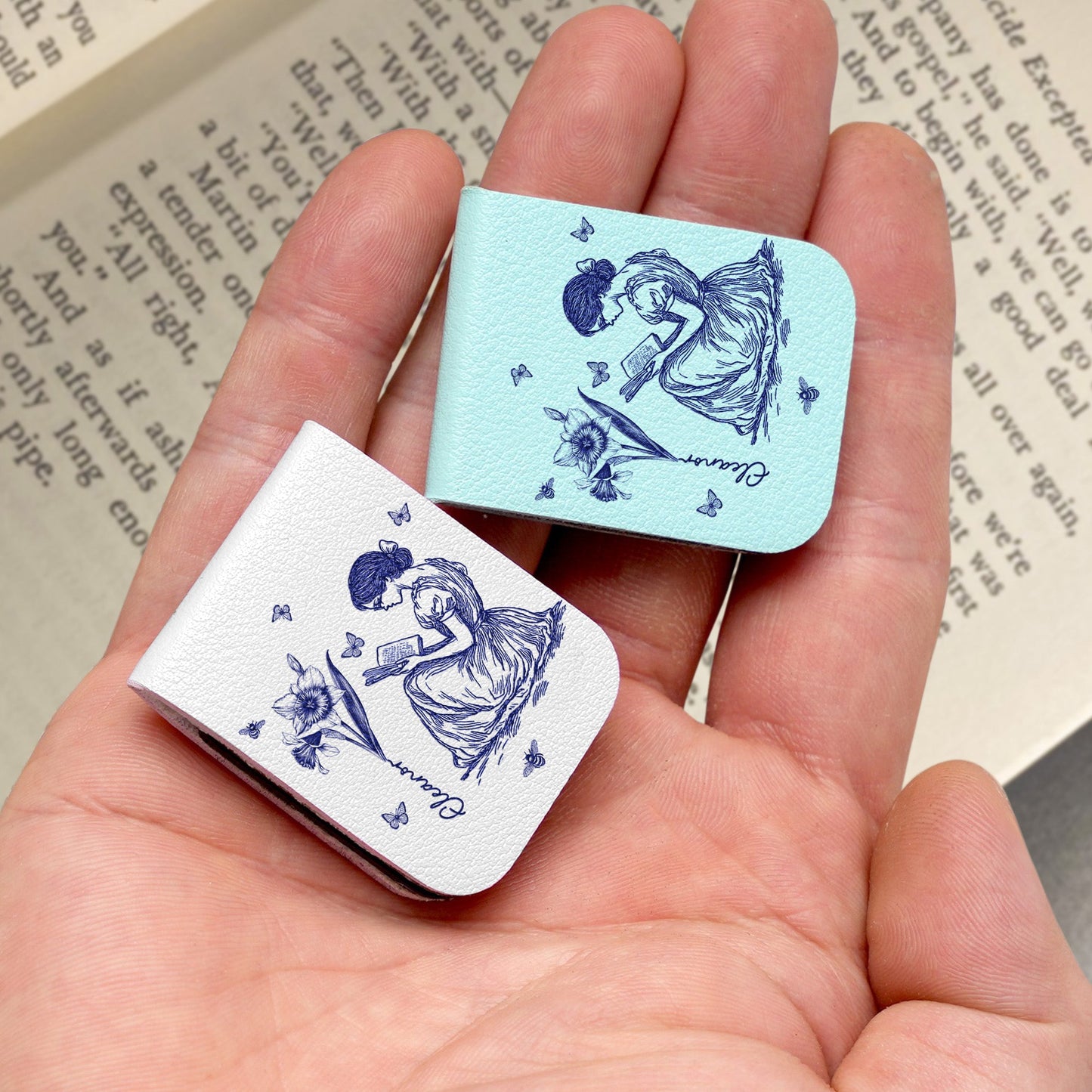 Birth Flower Book Lovers Toile De Jouy - Personalized Leather Magnetic Bookmark