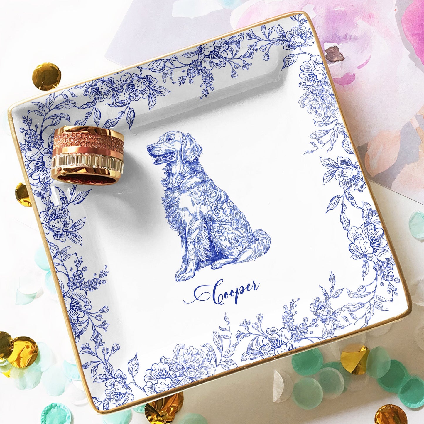 Dog Lover Gift Dog Breeds Chinoiserie Toile De Jouy Style - Personalized Jewelry Dish