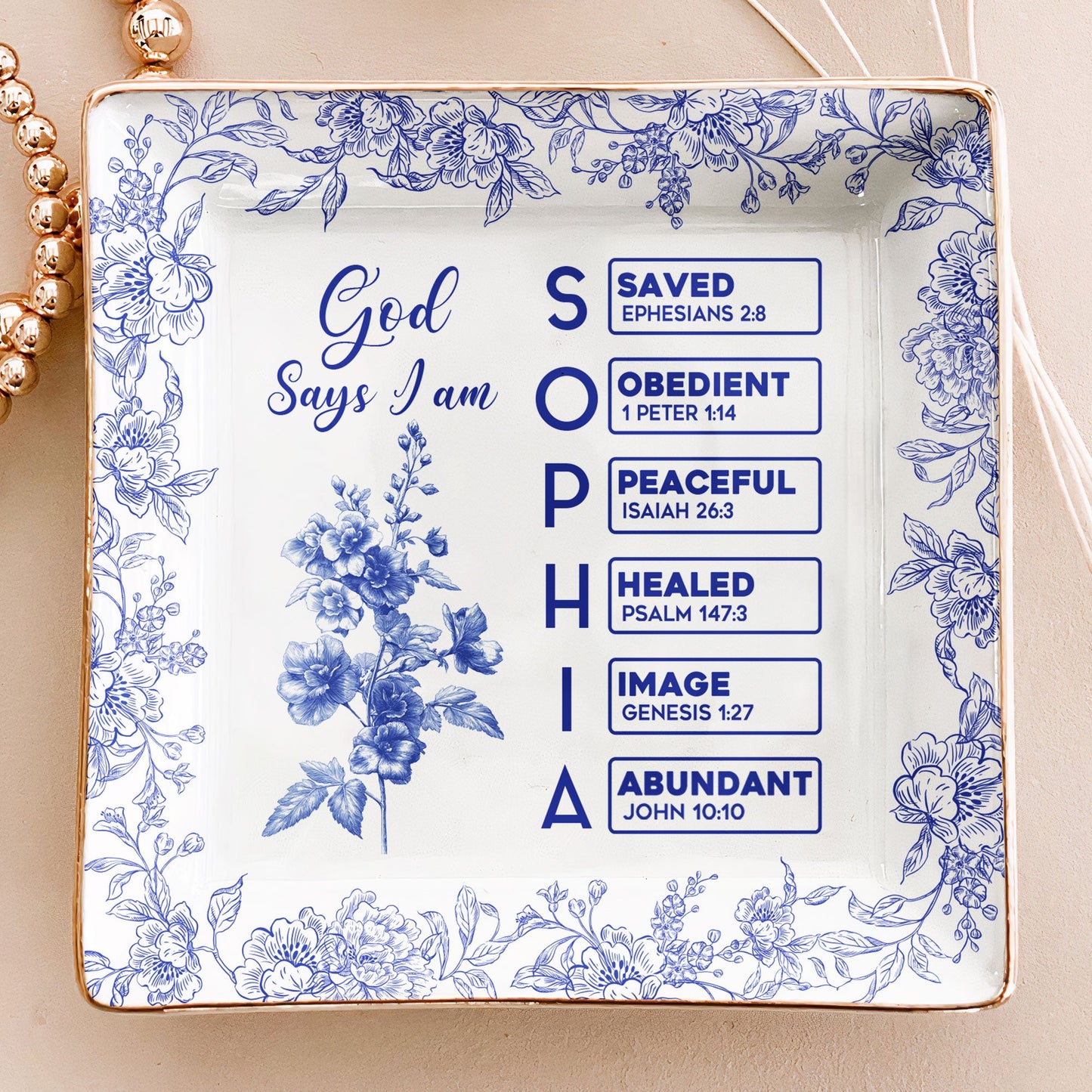 God Says I Am Name Letter In Bible Toile De Jouy Style - Personalized Jewelry Dish