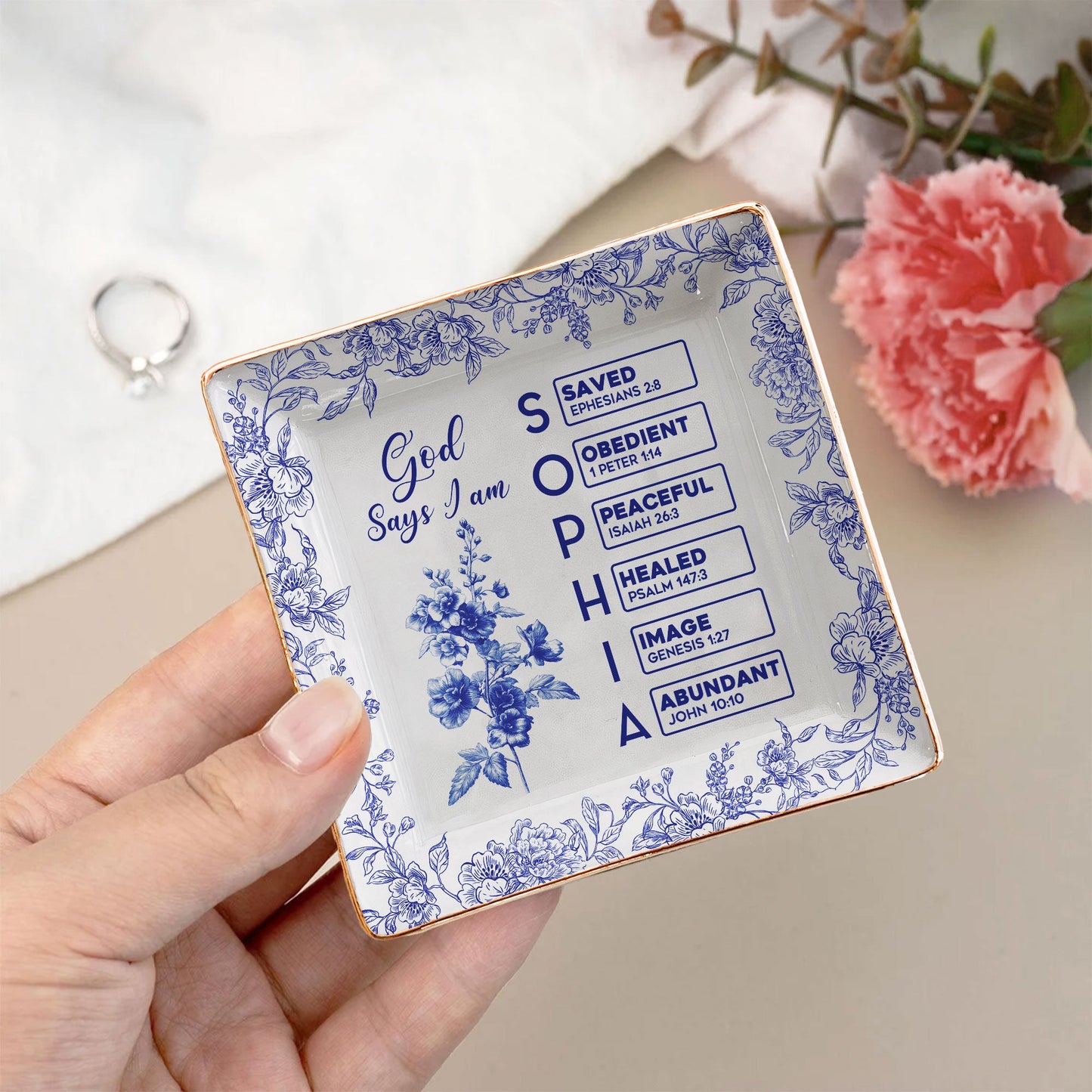 God Says I Am Name Letter In Bible Toile De Jouy Style - Personalized Jewelry Dish