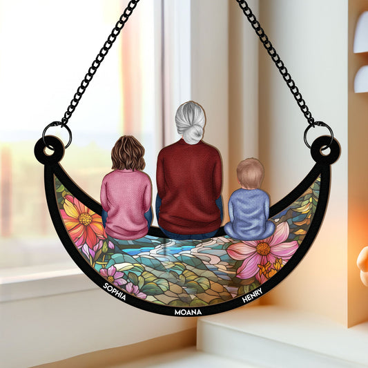 Grandma & Children On The Moon - Personalized Window Hanging Suncatcher Ornament Christmas Gift For Grandma