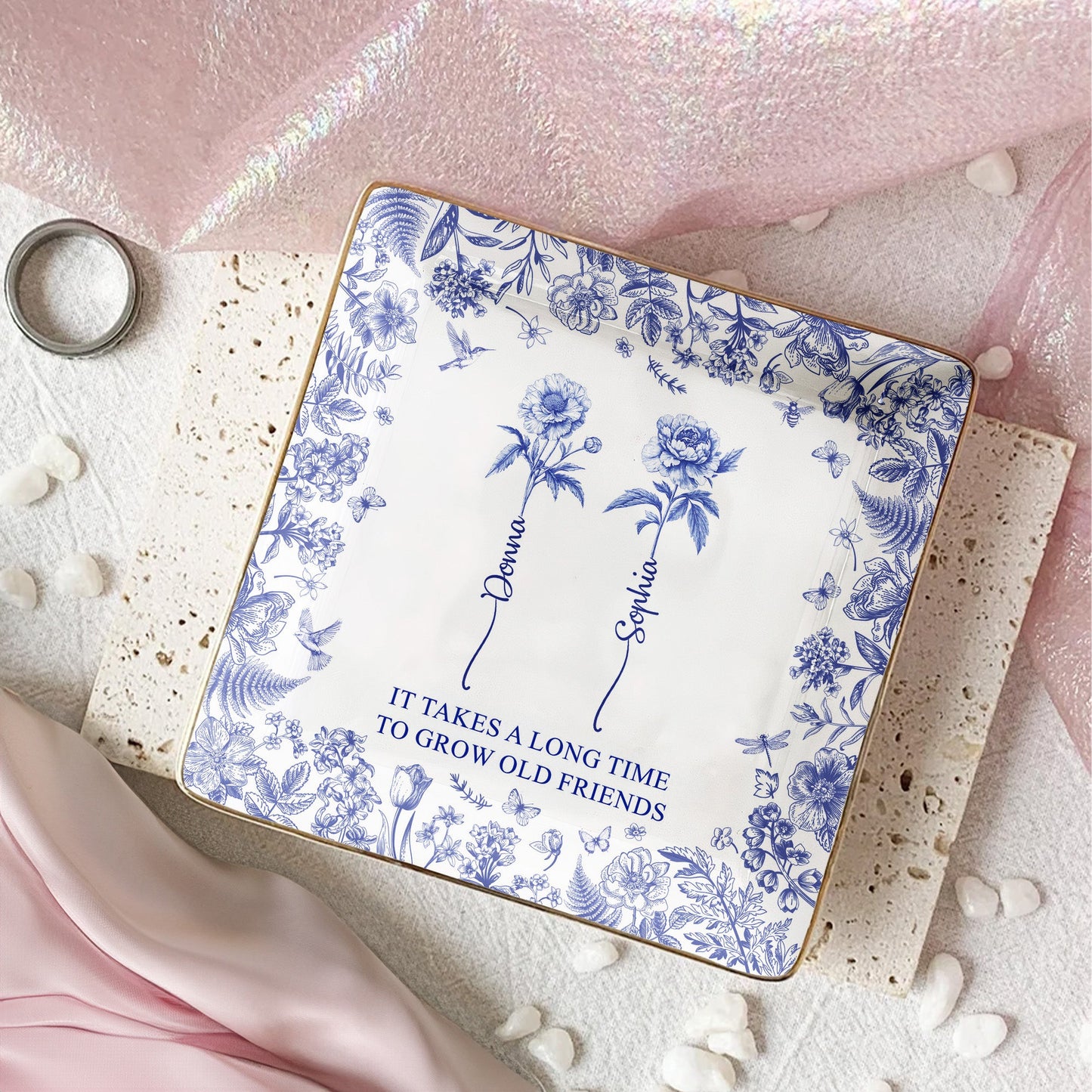 It Takes A Long Time To Grow An Old Friend, Bestie Toile De Jouy - Personalized Jewelry Dish  Christmas Gift For Friend