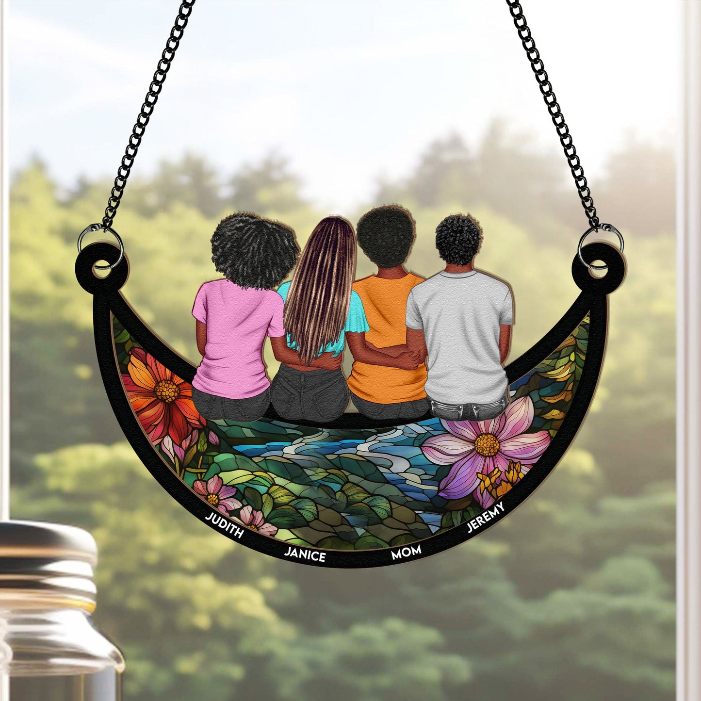 Mom, Children Sitting On The Moon - Personalized Window Hanging Suncatcher Ornament Christmas Gift For Mom