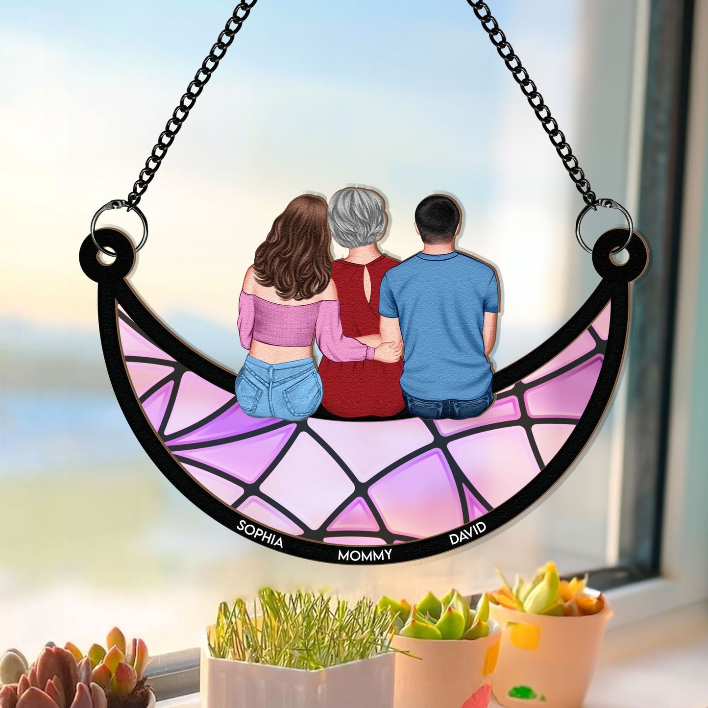 Mom, Children Sitting On The Moon - Personalized Window Hanging Suncatcher Ornament Christmas Gift For Mom