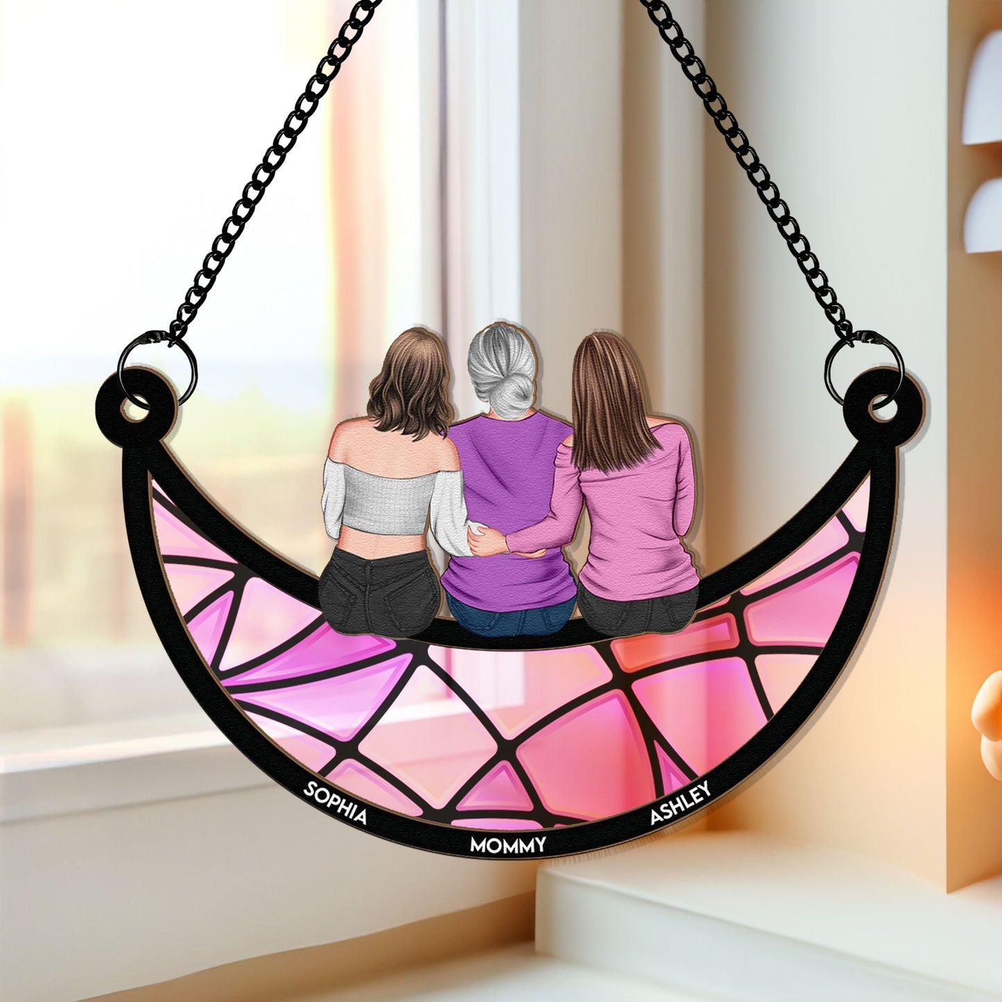 Mother & Daughter On The Moon - Personalized Window Hanging Suncatcher Ornament Christmas Gift For Mom