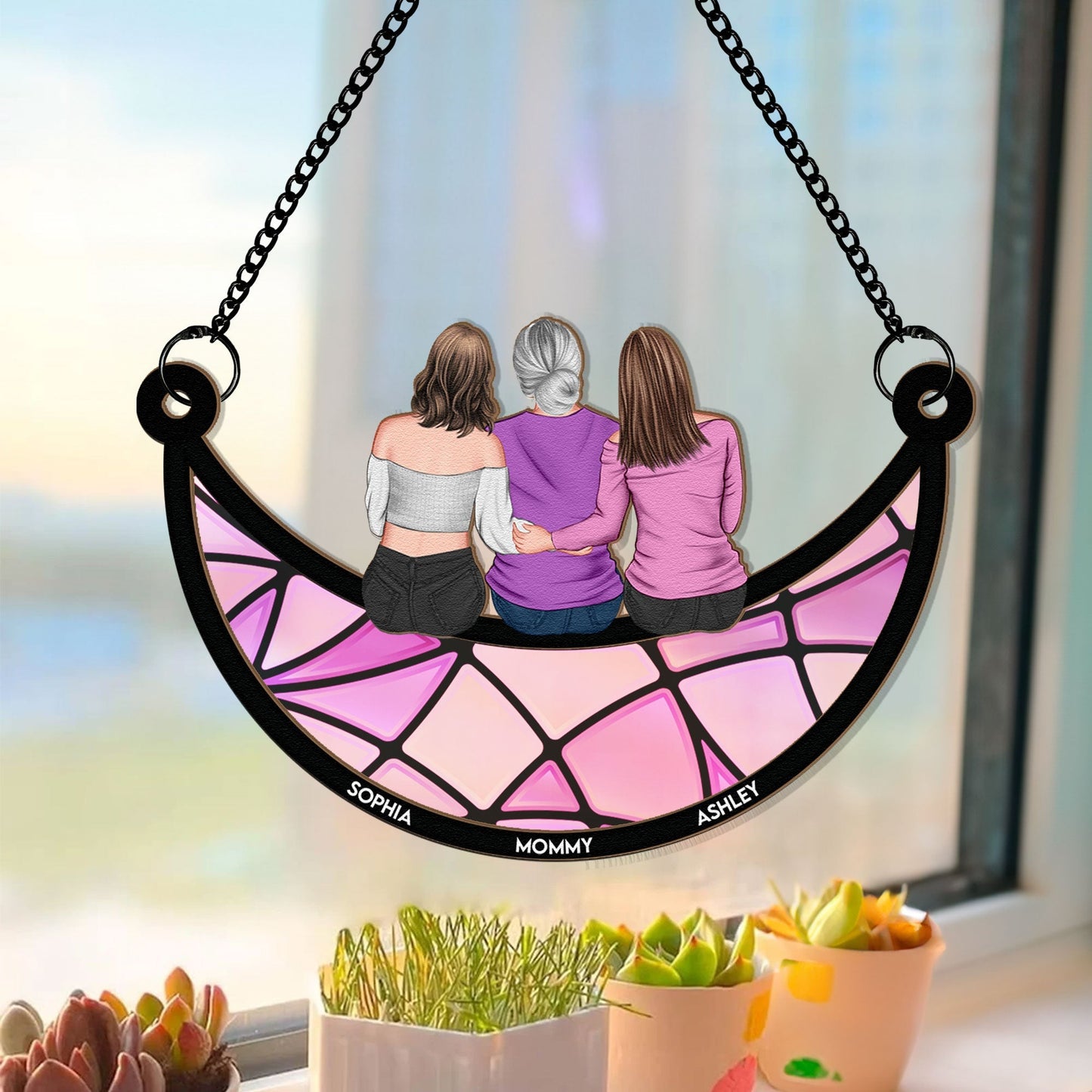 Mother & Daughter On The Moon - Personalized Window Hanging Suncatcher Ornament Christmas Gift For Mom